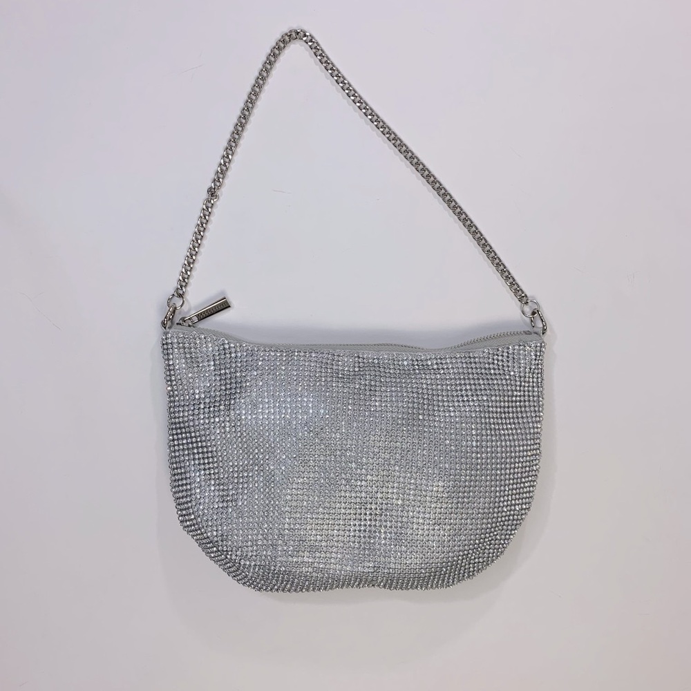 AQUA Silver Embellished Mesh Baguette Chain Strap Bag Purse